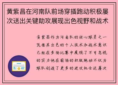 黄紫昌在河南队前场穿插跑动积极屡次送出关键助攻展现出色视野和战术意识 黄紫昌在河南队前场穿插跑动积极屡次送出关键助攻展现出色视野和战术意识